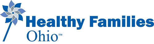 Blue and gray pinwheel logo for Healthy Families Ohio